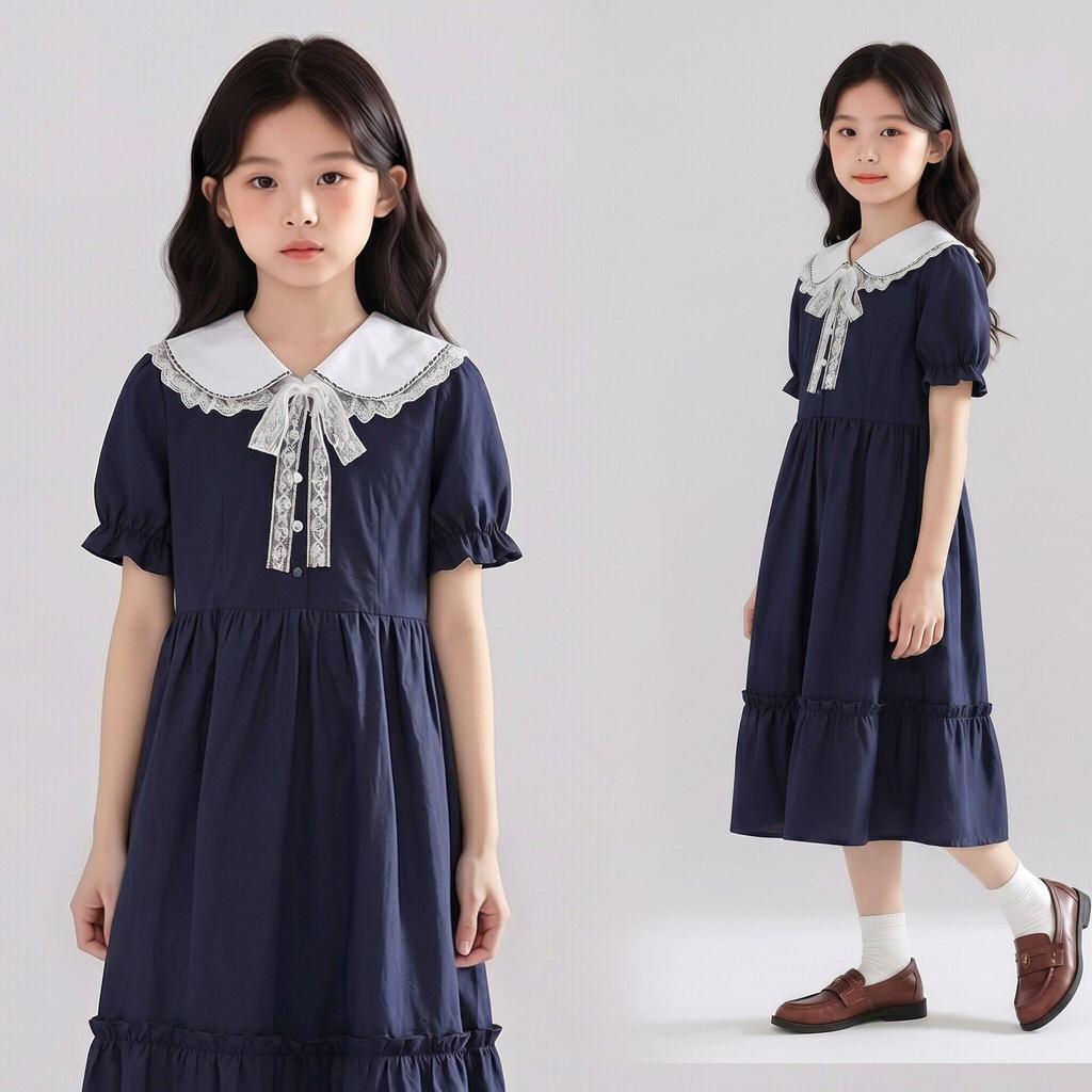 Girls' Summer Fashion Dress - Doll Collar Short Sleeve Midi Princess Style