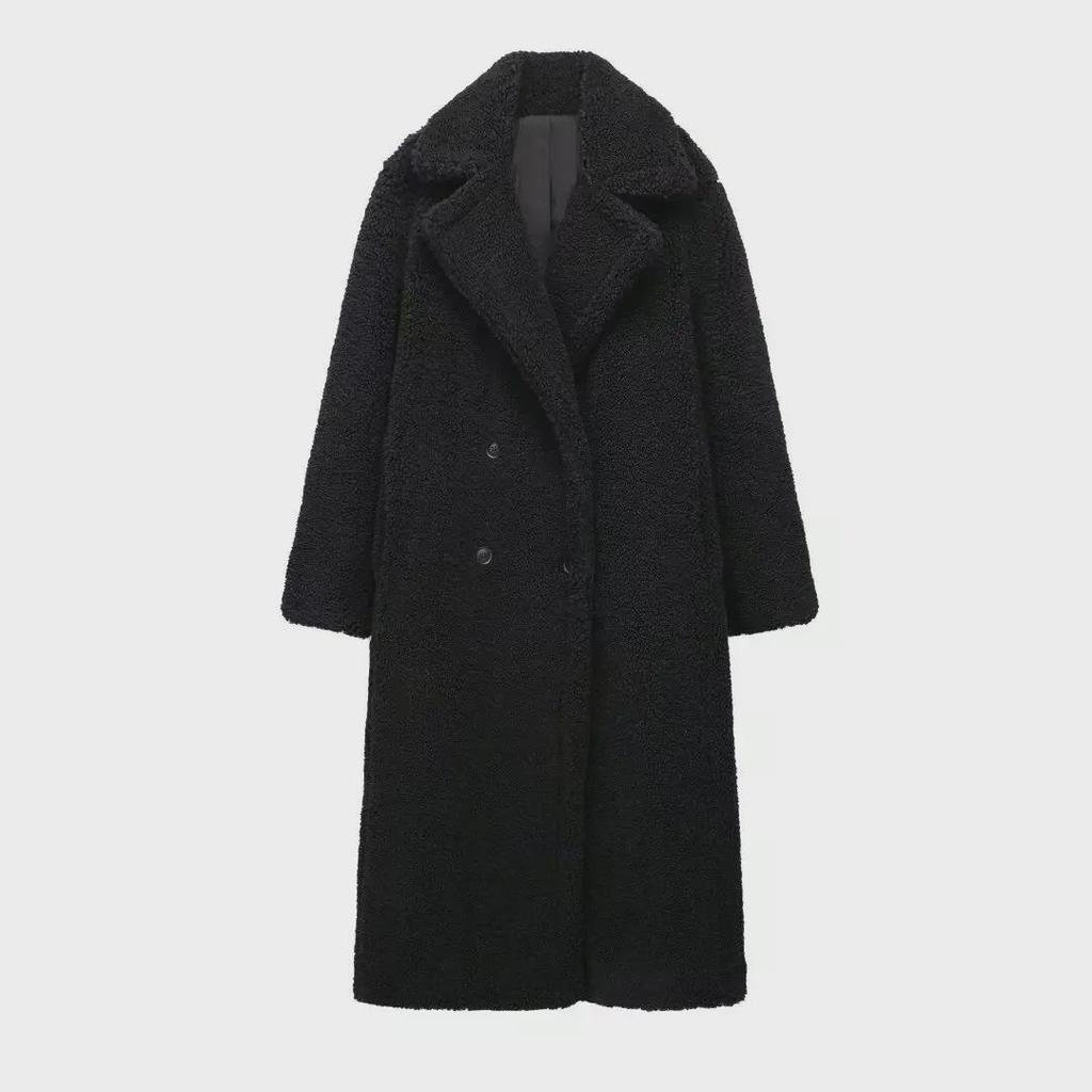 Evropský a americký styl dámský zimní dvouřadý dlouhý kabát z jehněčí kůže