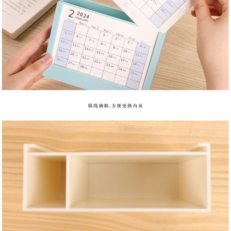 Multifunctional Desk Pencil Holder with 2024 Monthly Calendar, Office Desktop Organizer Pen Holder for Student Teacher