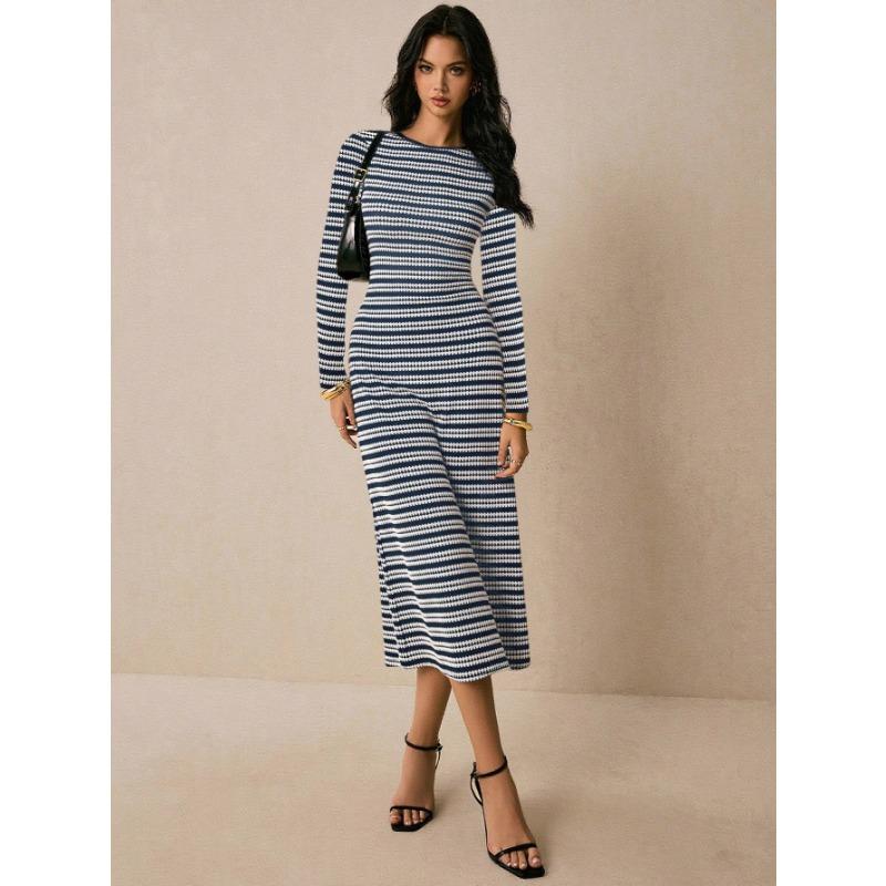

Полосатое платье миди, платье с длинными рукавами и круглым вырезом, из плотного трикотажа, облегающее длинное платье XL синий