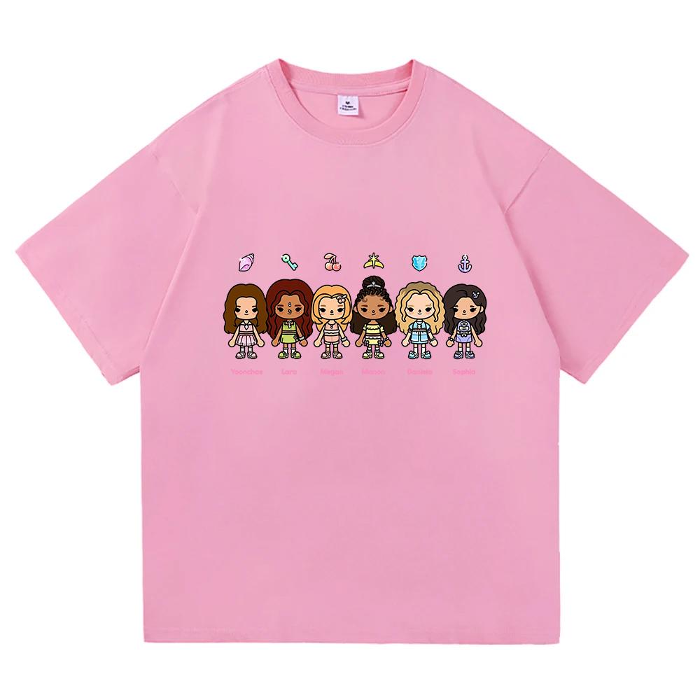 KATSEYE X Toca Boca T-Shirt Koreanische Mädchenband Cartoon-Druck T-Shirts Baumwolle Kurzarm Locker Damen-T-Shirts Unisex Streetwear