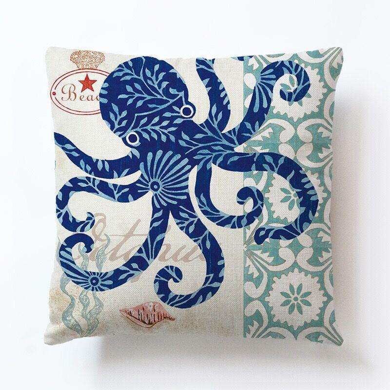 Marine Creatures Sea Horse Turtle Whale Octopus Linen Cushion Cover Pillow Cover