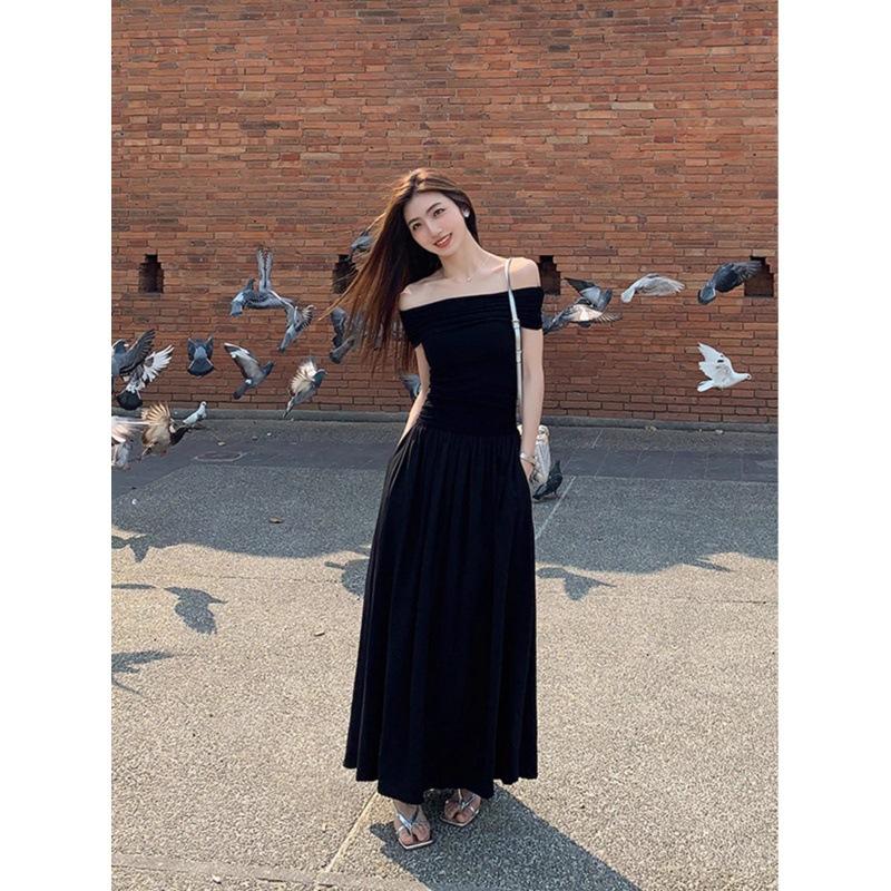Two Wear Black One-word Shoulder Dress, Women's High-end Temperament Off-the-shoulder Waist Long Dress, Tube Top Skirt