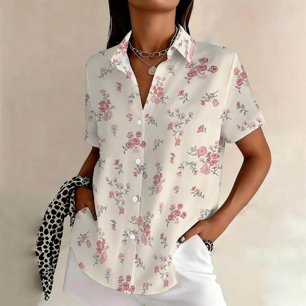 Blumenprint Retro Damen Kurzarmhemden Damen Revers Einreiher Kurzarmblusen Lässige Tägliche Damen Lockere Oberteile