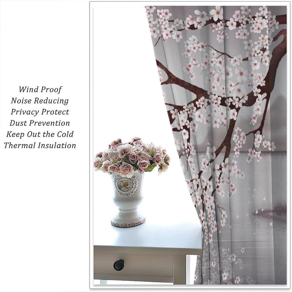 Cherry Blossom Windows Curtains  Japanese Traditional Retro Cherry Blossom  Mountain and Lake Watercolor Landscape Home Decor for