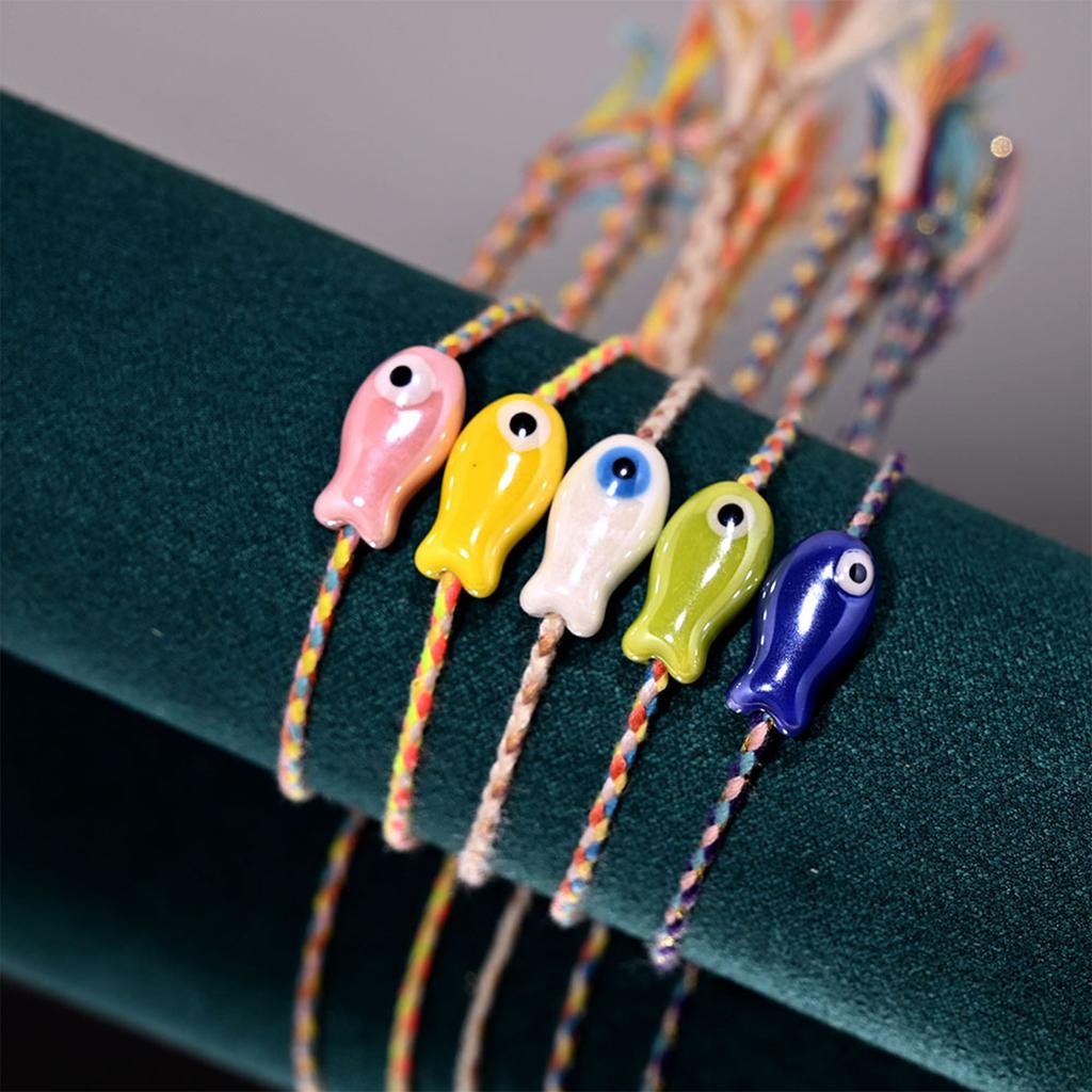 Stylish Bohemian Multicolor Ceramic Fish Bracelet Handmade Jewelry for Women Adjustable Wrist Anklet Accessory