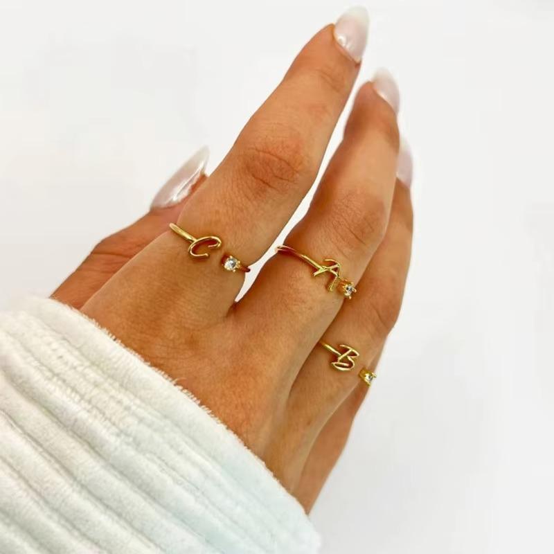 Zircon Tiny Initial Letter Rings For Women Stainless Steel A-Z Letters Adjustable Ring Female Christmas Aesthetic Jewelry Gift