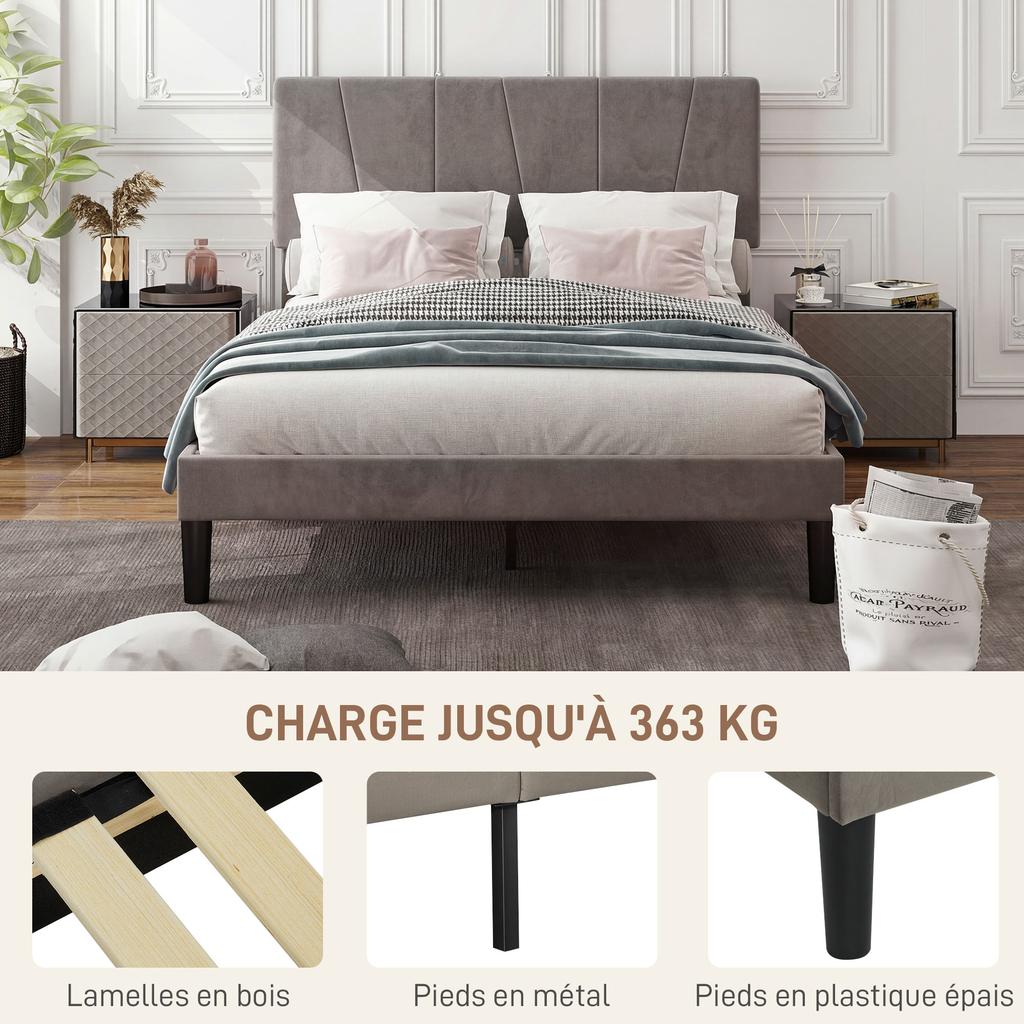 Double bed frame 140 x 190 cm, 2-person bed, adjustable headboard, base 150 x 198 x 100/105/110/115/120 cm, grey