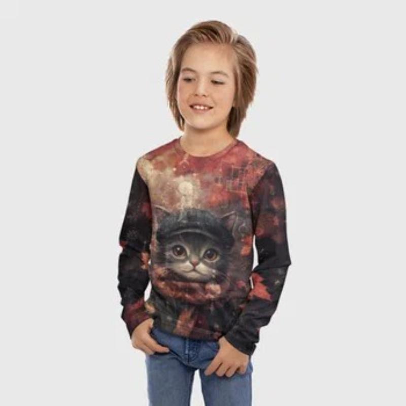 Children's Cartoon Cat Printed T-shirt Boys Cute Long Sleeved Soft Comfortable Top