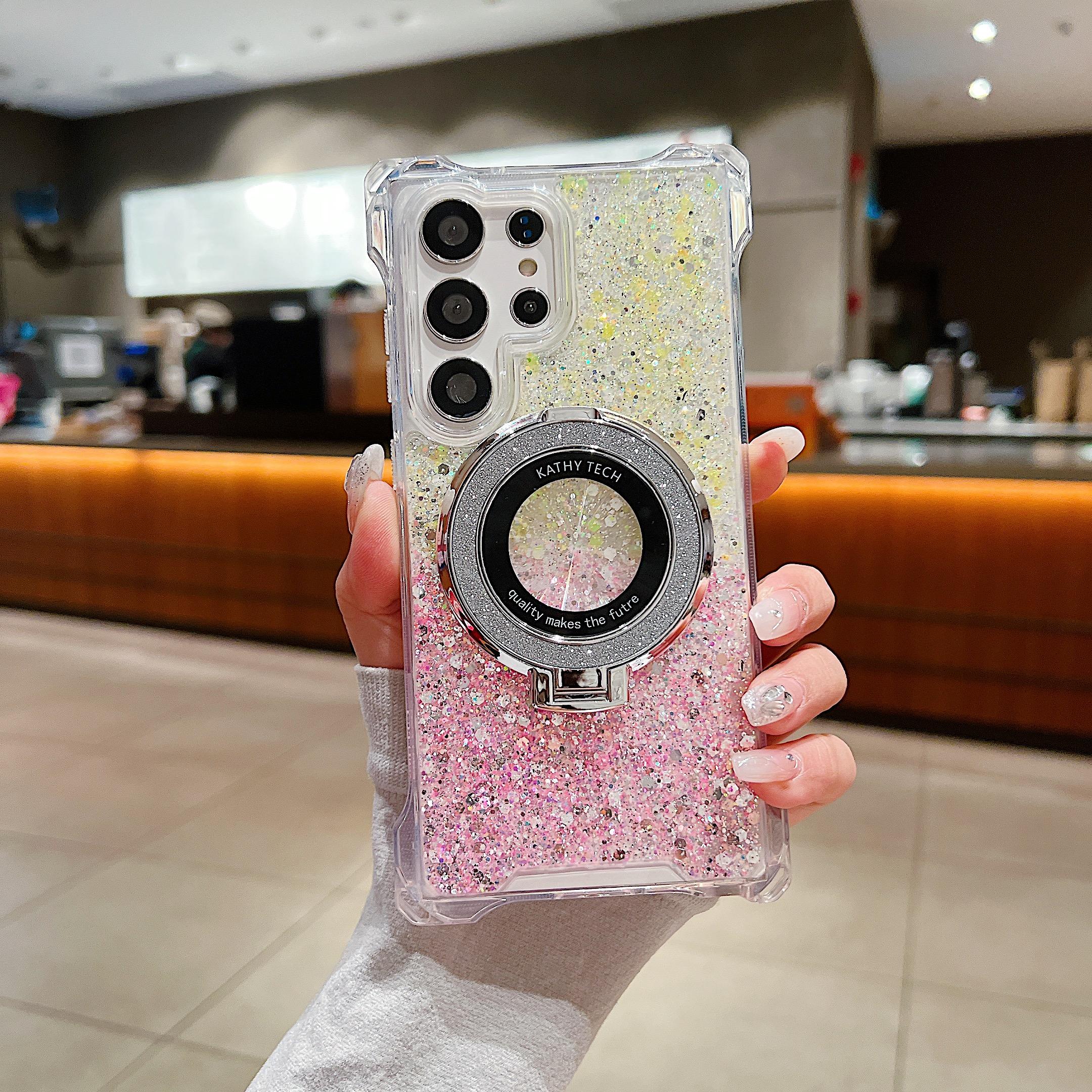 

Для Samsung Galaxy S24 Ultra Чехол ТПУ+Акрил Градиентный Чехол для Телефона с Магнитным Кольцом-Подставкой Yellow+Pink