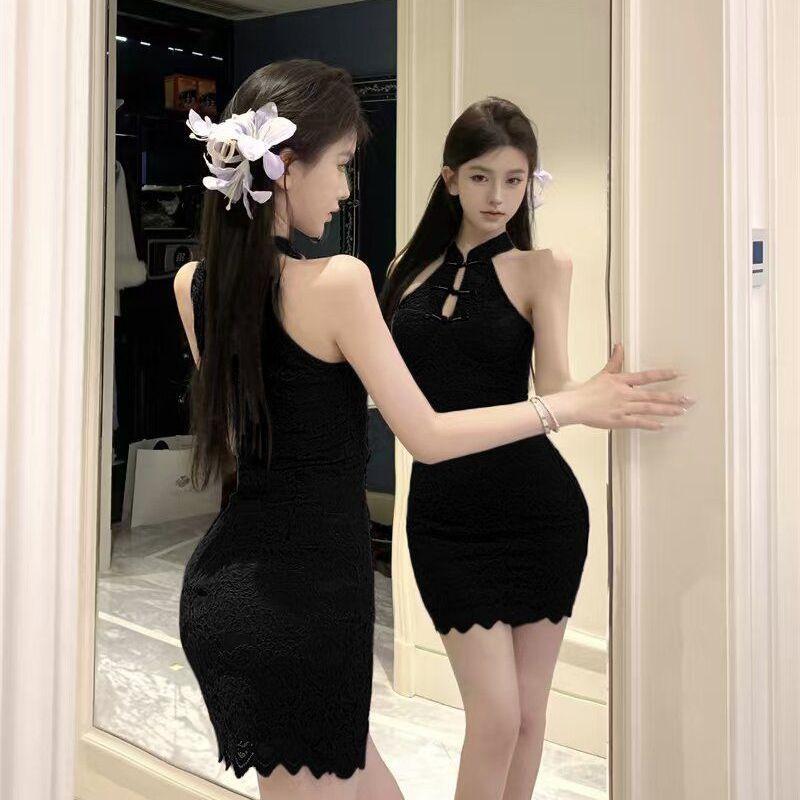 Sexy New Chinese Buckle Lace Stand-up Collar Cheongsam Pure Desire Hot Girl Purple Halterneck Sexy Lingerie Girl