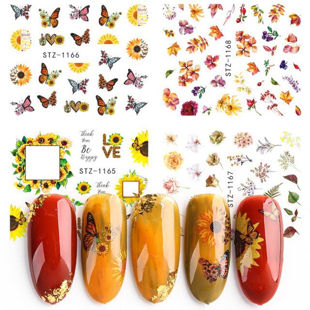 4Pcs Nail Art Slider Black Green Leaves Colorful Flowers Butterfly Spring Summer Nail Simple Designs Nail Art Stickers