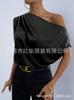 Women's Satin T-shirt Summer TK European and American Women's Clothing New Slanted Shoulder Solid Color Versatile Off-shoulder Top Women