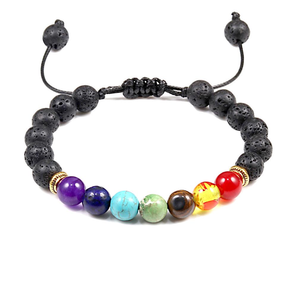 Siebenfarbiges Vulkanstein & Tigerauge Perlenarmband: Verstellbar Handgefertigt Herrenstil