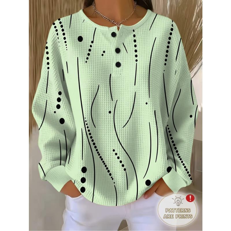 Barcode Women'S 3-Button Henley Collar Waffle Long Sleeve Top, Easy Curved Polka Dot Combination Print