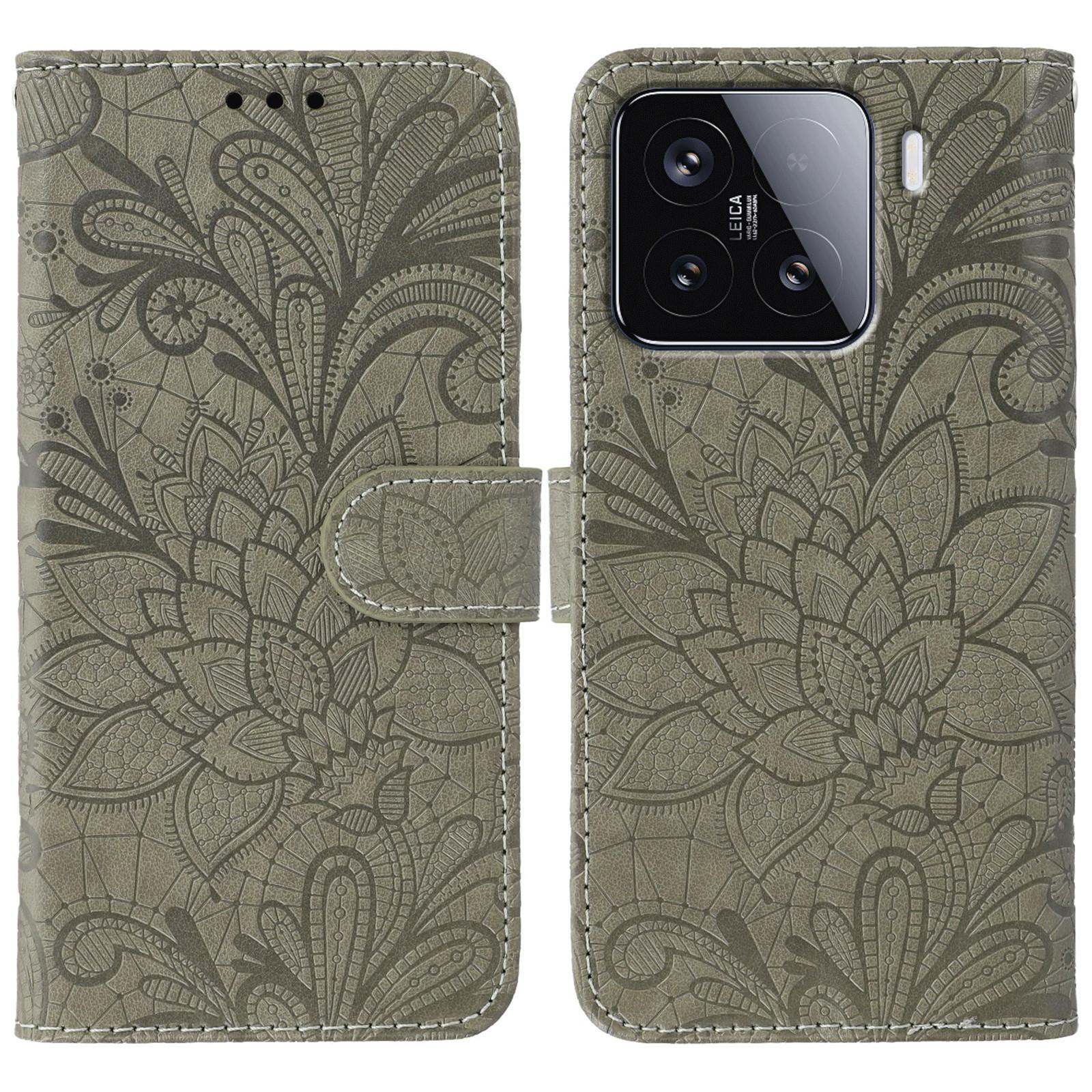 

For Xiaomi 15 Case Lace Flowers PU Leather Flip Wallet Phone Cover Grey