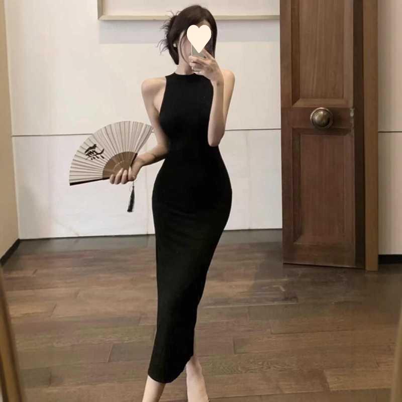 Retro Temperament Socialite Dress Female Sexy Black Waist Slim and Thin Neck Split Hip Skirt