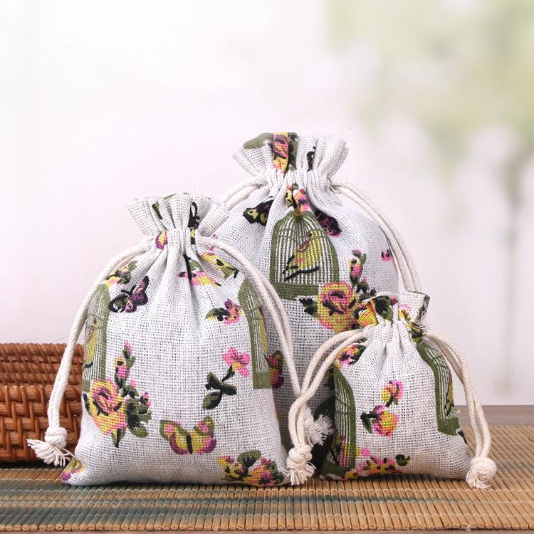 Printed Cotton Linen Drawstring Jewelry Gift Pouch