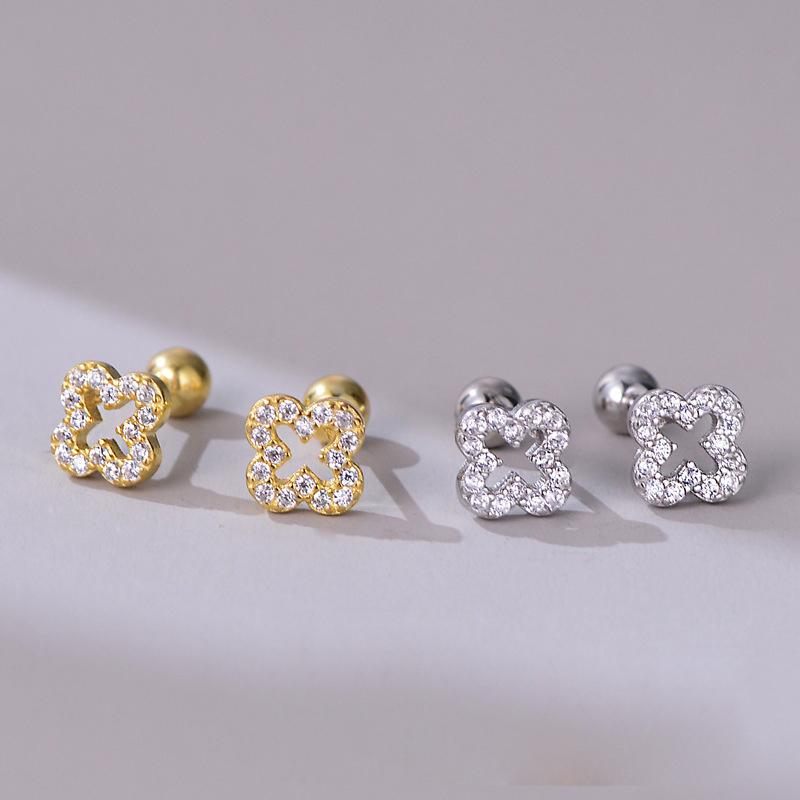 925 Sterling Silver Fine Jewelry Trendy Gold Plated Clover Stud Earrings Geometric Shiny Zircon Flower Screws Bead Piercing