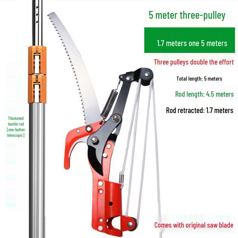 Aluminum Alloy Telescopic Pole and Pruner with High Branch Saw for Tree Pruning.