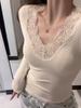 Women's Autumn/Winter Apricot Lace Trim Slim-Fit V-Neck T-Shirt