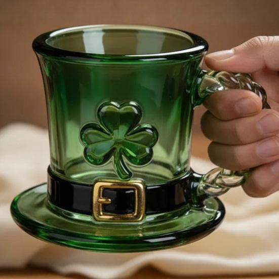 Mug Top Hat Shape Green Coffee Cup with Embossed Clover St Patrick Day Party Holiday Decoration Cold Heat-Resistant Drinkware