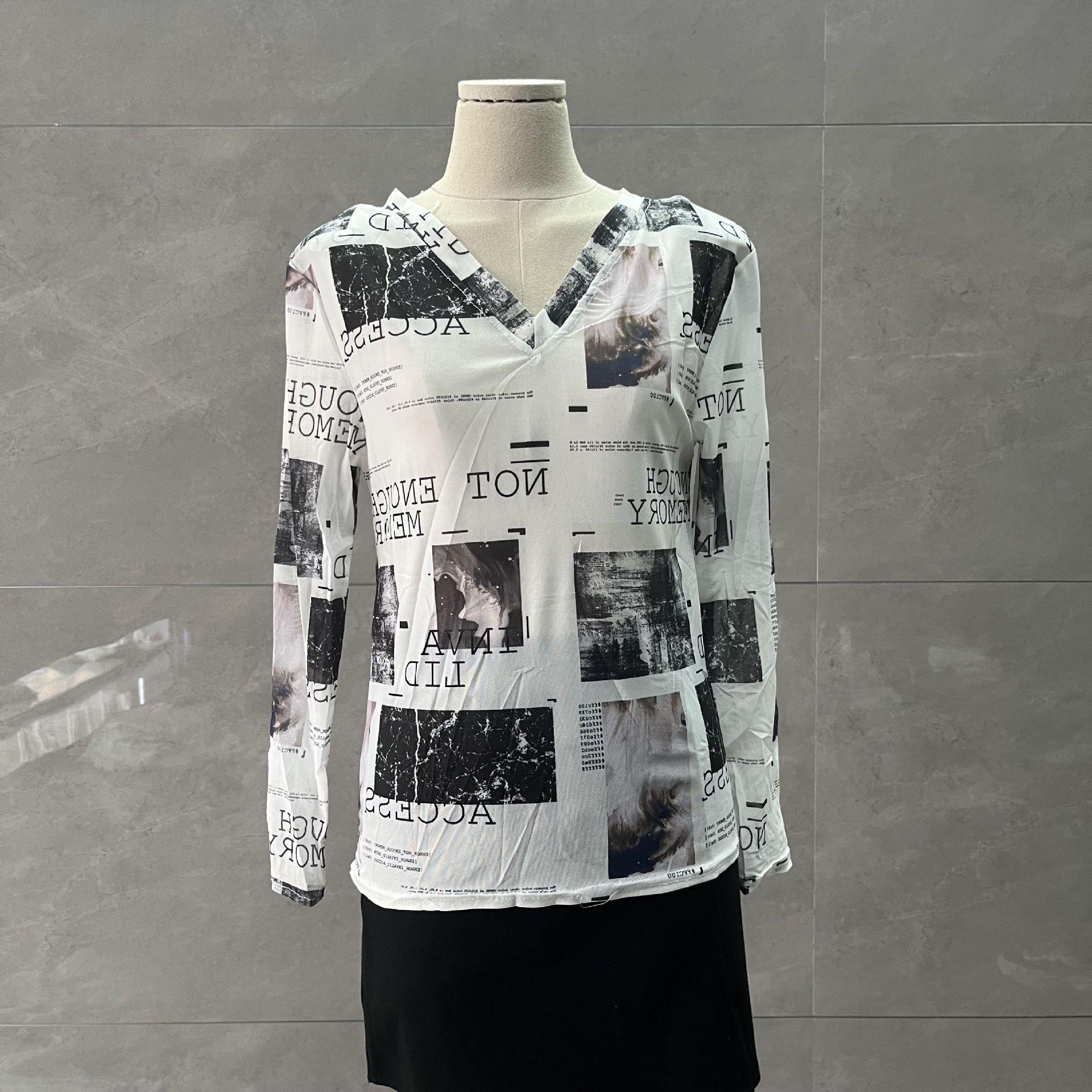 

Топ из сетки с V-образным вырезом в европейском стиле: Женская модная рубашка с длинным рукавом с буквенным узором. L for ~115 lbs