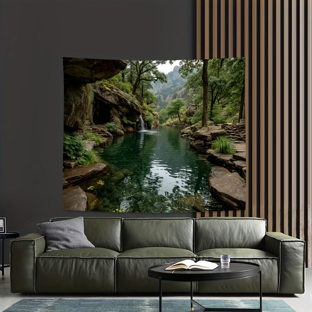 Cave Stream Tapestry, Hidden Waterfall In Rocky Gorge With Clear Water, Nature Scenery Wall Art For Living Room Bedroom Decor