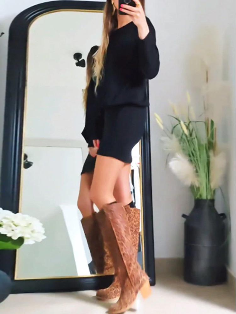 2024 Autumn European & American Style Solid Color One-Shoulder Long-Sleeved Dress