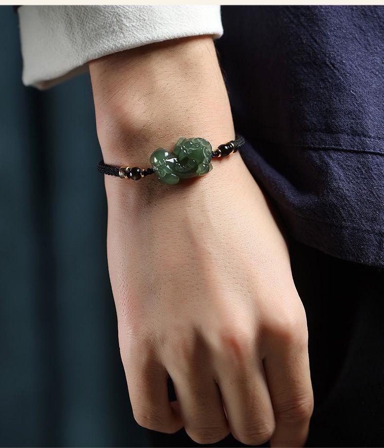 Pulsera Amuleto Pixiu Atractora de Riqueza de Jade Hetian para Parejas - Joyería de Cuerda de Mano de Jade y Cuentas para Mujeres y Hombres.