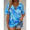 New Tie-Dye Print V-Neck Lace-Up Short Sleeve T-Shirt Polyester Knit Loose Plus Size Top Multi-Color Available