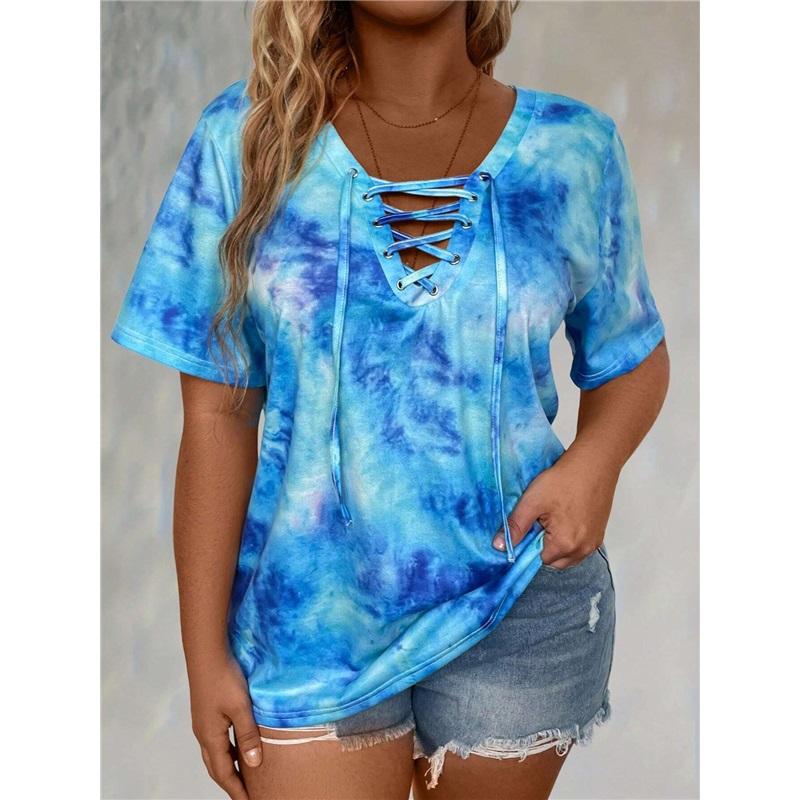New Tie-Dye Print V-Neck Lace-Up Short Sleeve T-Shirt Polyester Knit Loose Plus Size Top Multi-Color Available