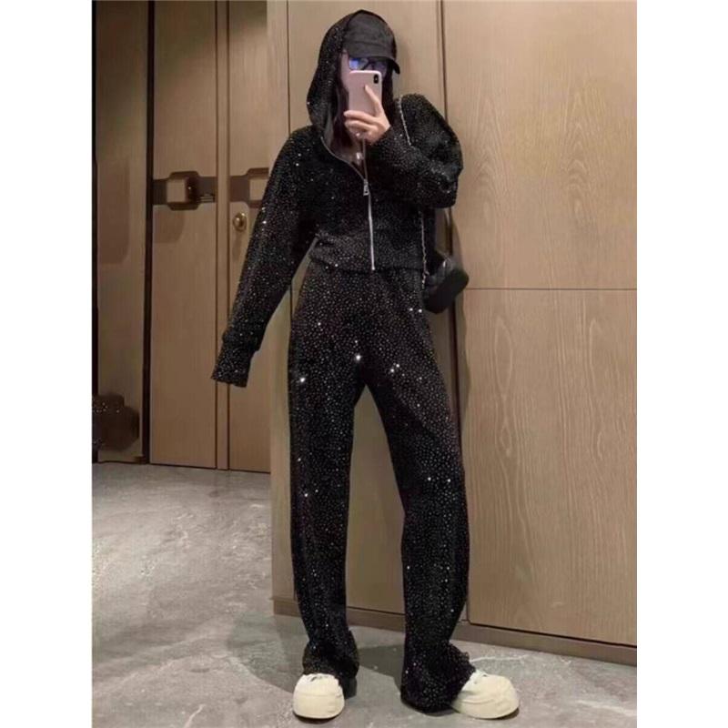 Neuer Glänzender Trainingsanzug für Damen Locker sitzender Hoodie Weite Hosen Lässiges Outfit