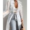 Women Casual Long Sleeve Coat Women Fashion Pure Color Perspective Outwear-with Belt