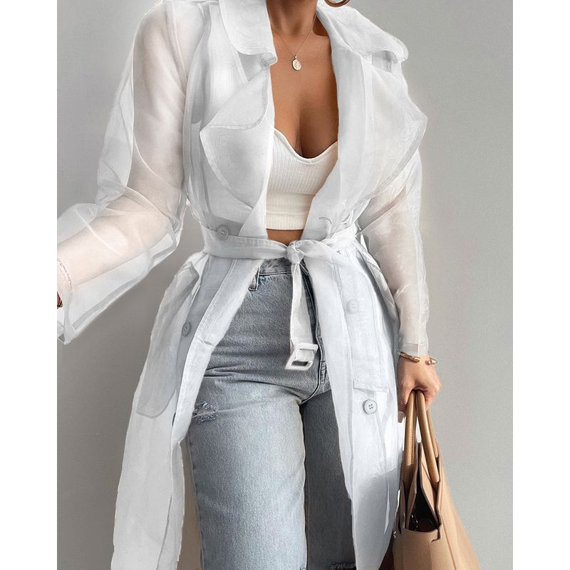 Women Casual Long Sleeve Coat Women Fashion Pure Color Perspective Outwear-with Belt