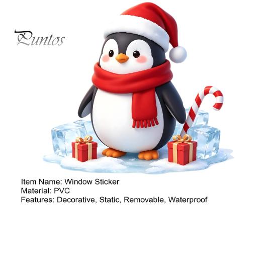 Holiday Party Glass Decor Christmas Cartoon Penguin Window Sticker, Cute Decal with Santa Hat And Winter Theme Supplies Scarf Design, PVC Waterproof