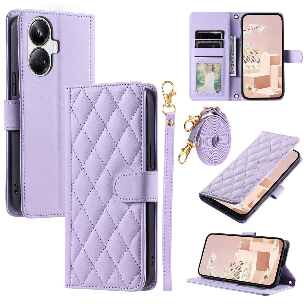 For Realme 10 Pro+ 5G Crossbody Lanyard Case PU Leather Rhombus Grid Phone Cover Purse