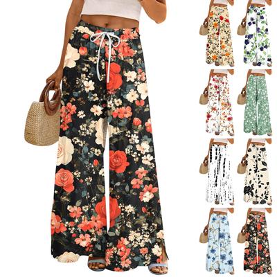 Women's Printed Wide Leg Pants With Pockets High Waist Drawstring Loose Casual Pants