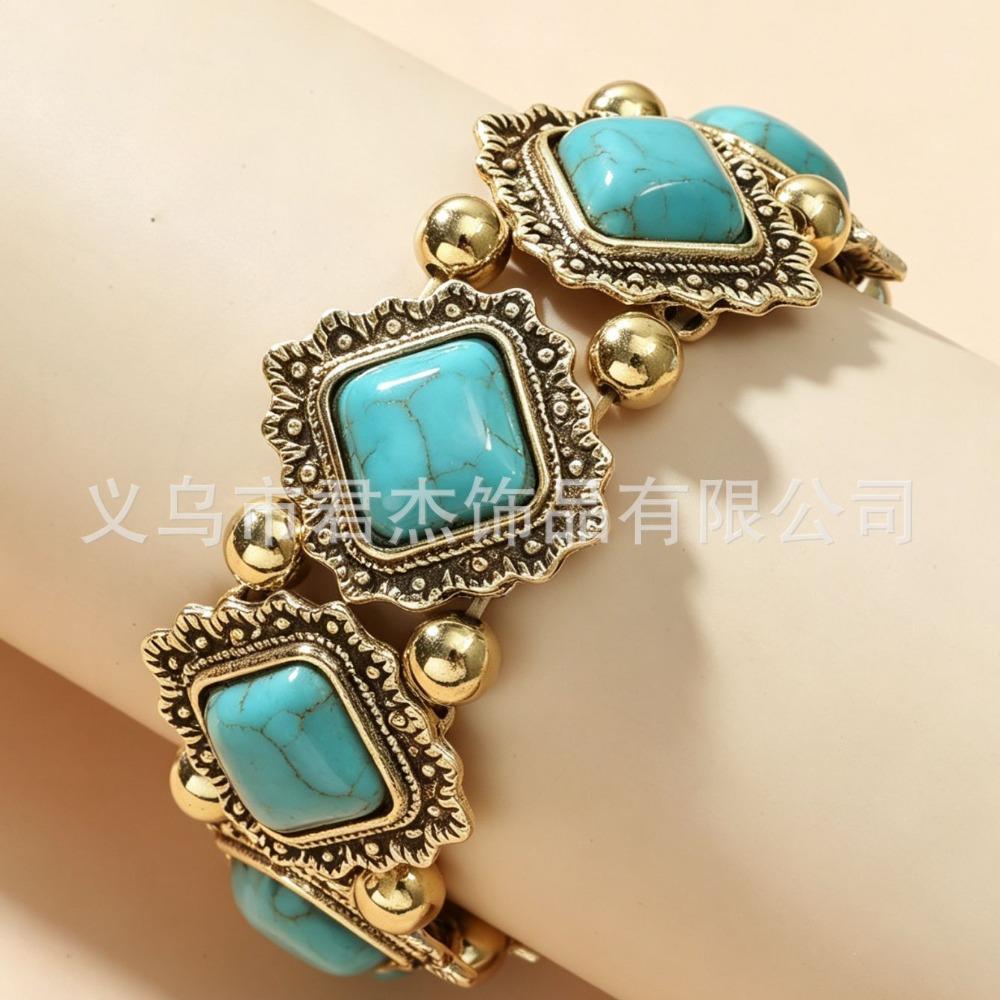 European and American Ethnic Style Personalized Retro Alloy Turquoise Elastic Bracelet Women's Bohemian Bracelet Jewelry