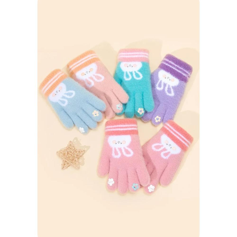 5 Colors Winter Kindergarden Kids Five-Finger Cartoon Knitted Gloves Girls Warm Thickened Plush Gloves Cute Bunny Gloves 3-5Y