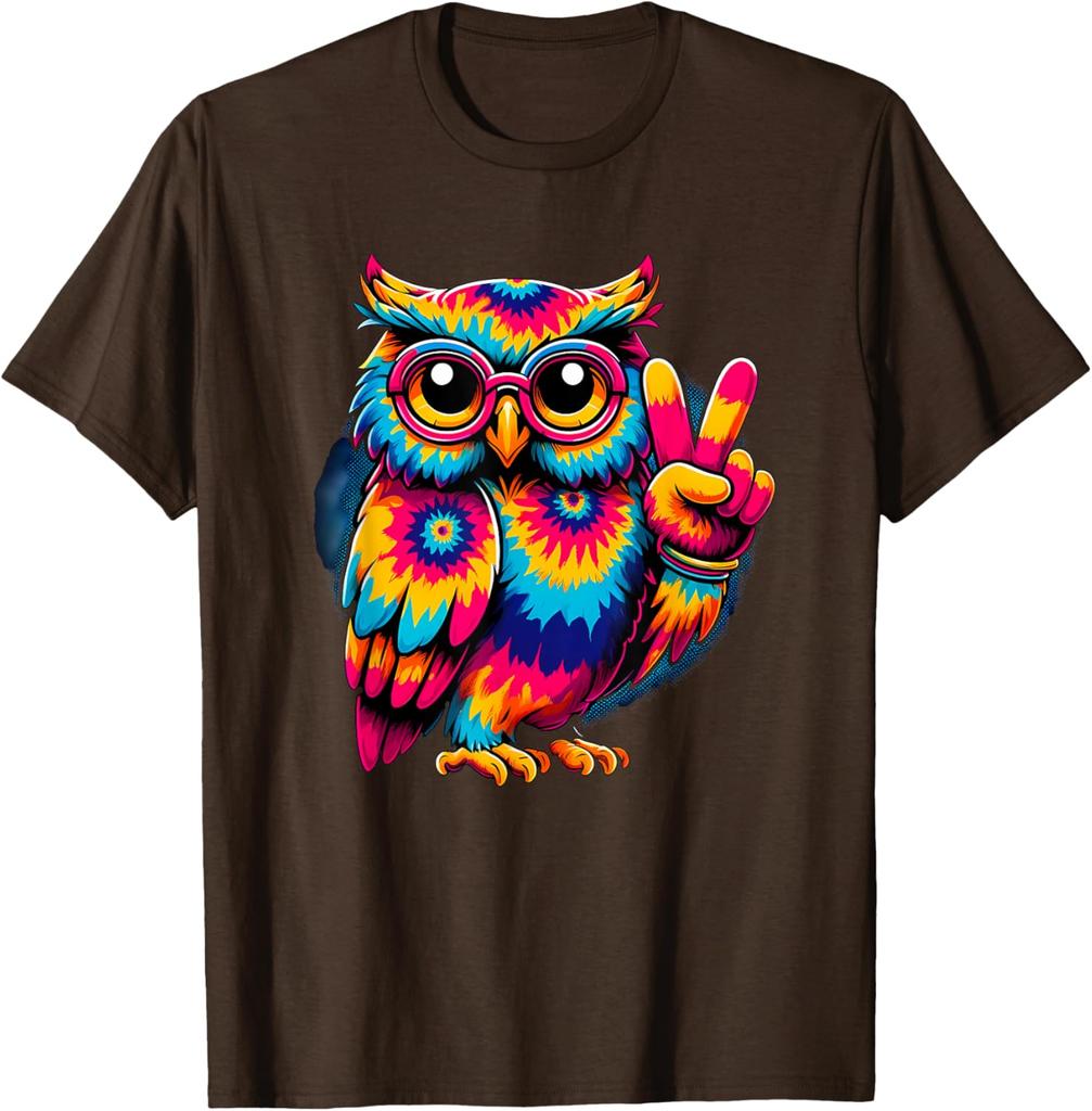 Tie Dye Peace Sign Owl Graphic Tee Men's Casual Breathable Cotton T-Shirt Trip Wear