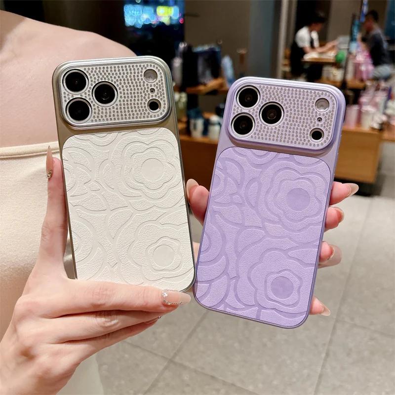 Diamond Camera Lens Printing Flower TPU Leather Phone Case For iPhone 17 16 15 14 13 Pro Max Shockproof Proteciton Cover