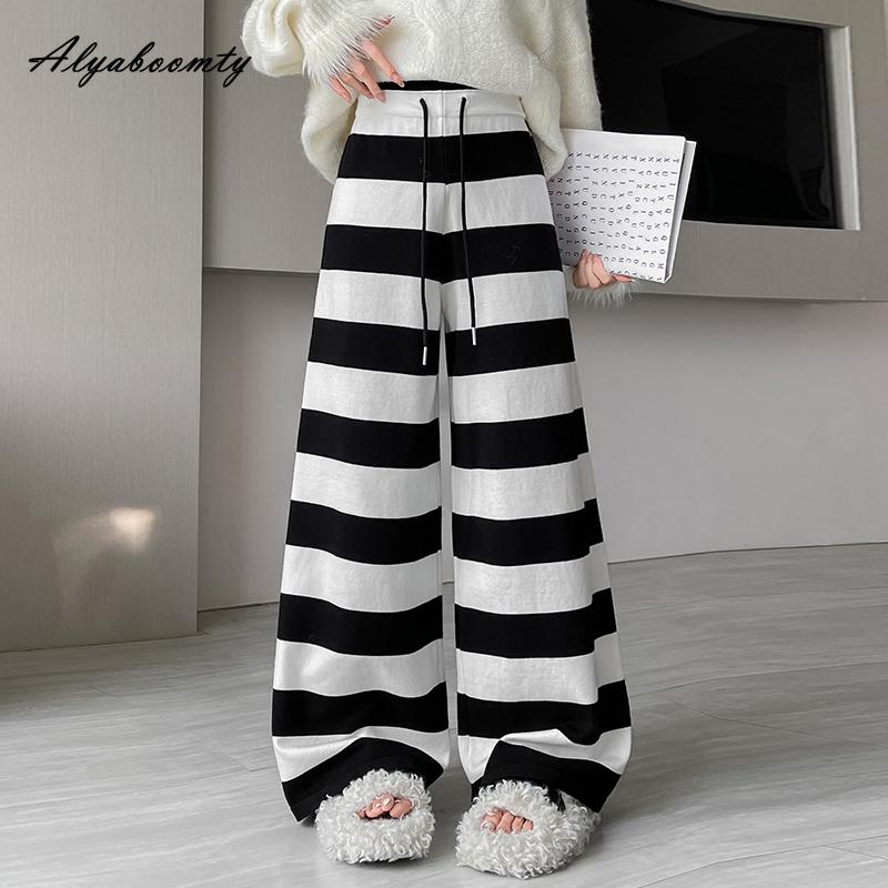 Korean Fashion Autumn Winter Women Wide Leg Pants High Waist Drawstring Striped Knitting Basic Trousers Streetwear Warm Knitted Pants