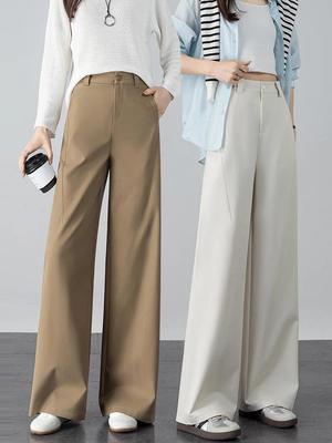 Women's High-Waisted Khaki Wide-Leg Suit Pants for Spring/Summer 2026 - Straight, Thin, and Draped