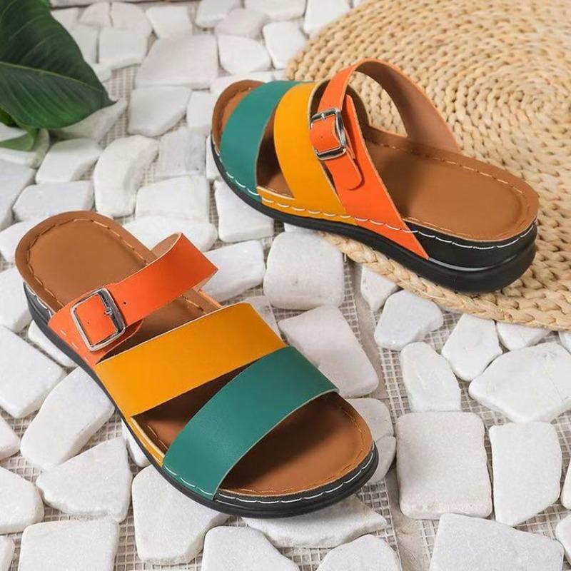 Women's Plus Size New Summer European American Style Color Blocking Wedge Heel Open Toe Slide on Beach Sandals