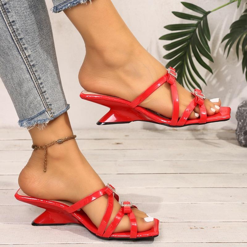 Foreign Style Red Bow Banquet Slippers Summer New Wedge Comfortable High Heel Open Toe Half Drag Girl