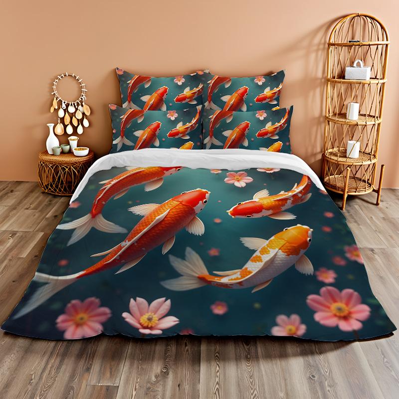 3D Digital Printing Bedding Two Or Three-Piece Set Koi Rich Flower Polyester Quilt Cover