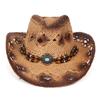 Straw Cowboy Cowgirl Hat for Men Women Wide Brim Hollow Breathable Sun Hat with Beaded Trim Band Western Style for Outdoor Beach Travel