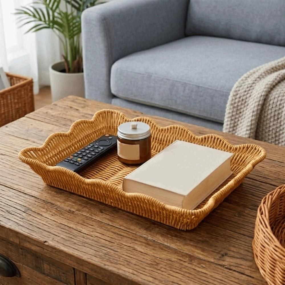 Plastic Hand Woven Storage Basket Large Capacity Fruit Plate Retro Bread Storage Tray Picnic