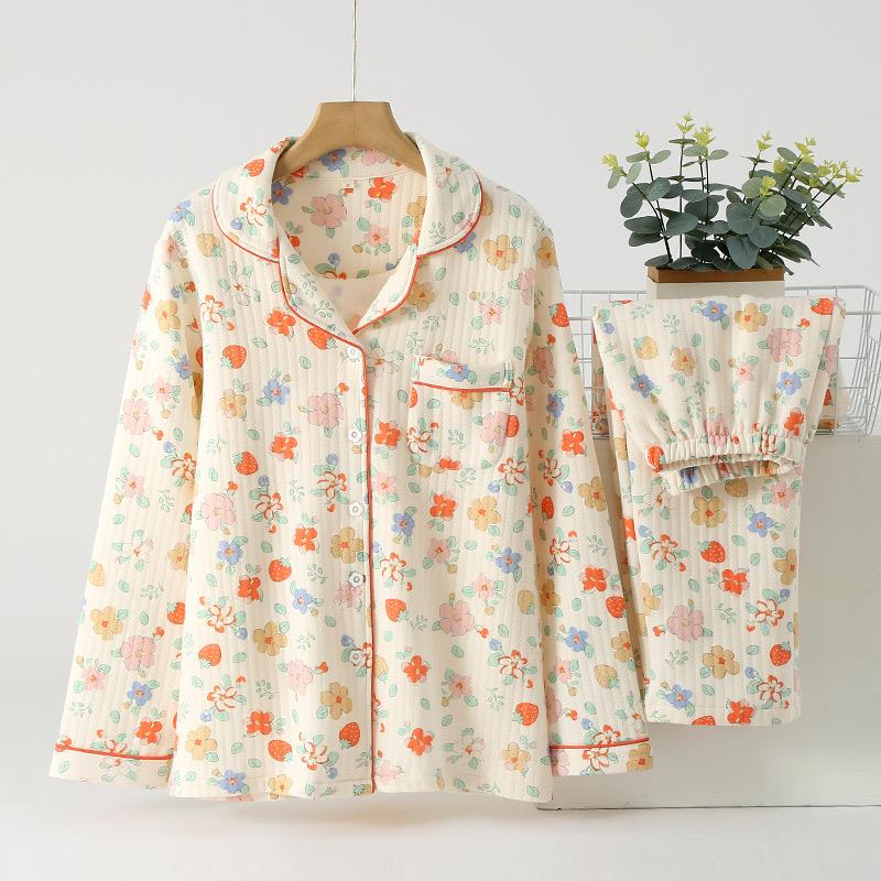 Women's Pajamas Suit Thick Warm Cardigan Winter Pyjamas Sets Long Sleeve Flower Print Home Clothes Sleepwear